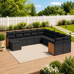 Garden Sofa Set 11 Piece Black Outdoor Patio Furniture Modular with Cushions