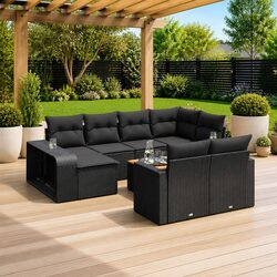 11 Piece Garden Sofa Set with Cushions - Black Rattan