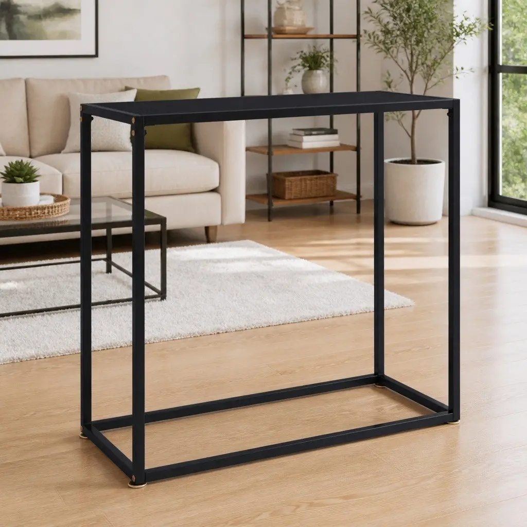 Console Table Living Room Black Tempered Glass Steel Frame 80x35x75cm