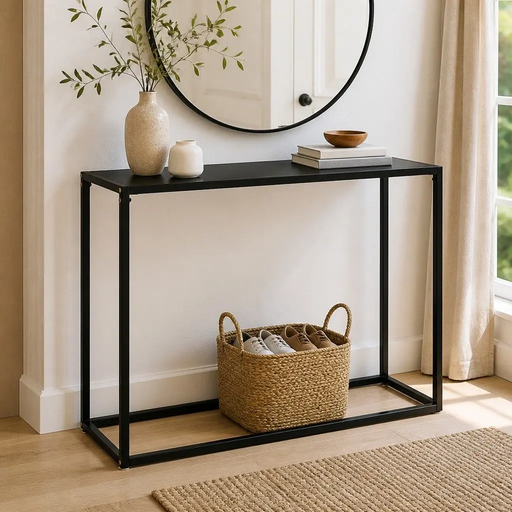 Console Table Black Modern Tempered Glass Steel End Table Side Living Room