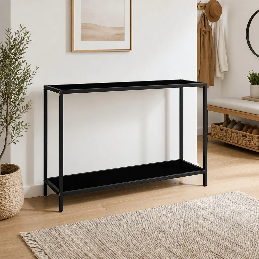 Console Table Living Room Entryway Hallway Black Glass Top Steel Frame 120x35x75cm