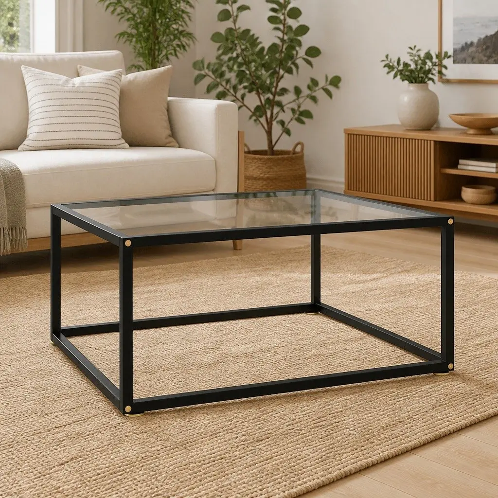 Coffee Table Living Room 80 x 80 x 35 cm Tempered Glass Top Steel Frame Black