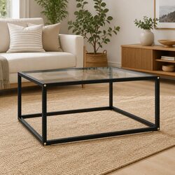 Black Coffee Table Tempered Glass Top Steel Frame Living Room Furniture