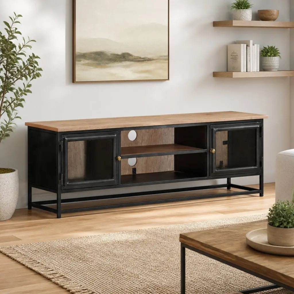 TV Cabinet Grey Living Room 120x30x40cm Solid Acacia Wood Steel Storage Unit