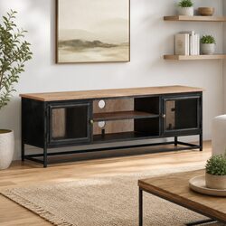 TV Cabinet Grey 120x30x40cm Solid Acacia Wood Steel Storage Unit Lowboard