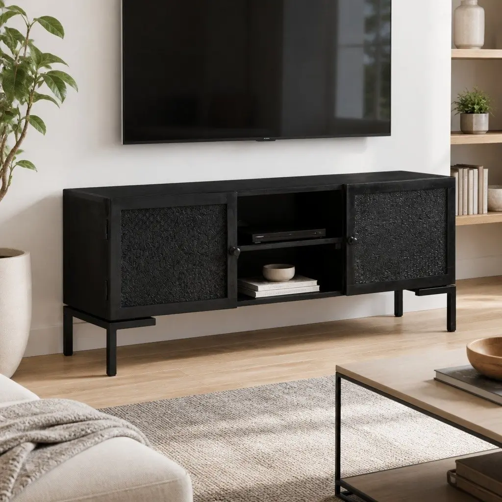 TV Cabinet Black Solid Wood Media Unit for Living Room 115 x 30 x 46 cm