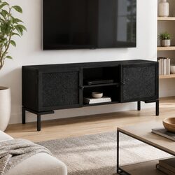 Black TV Cabinet: Solid Mango Wood & Steel Frame