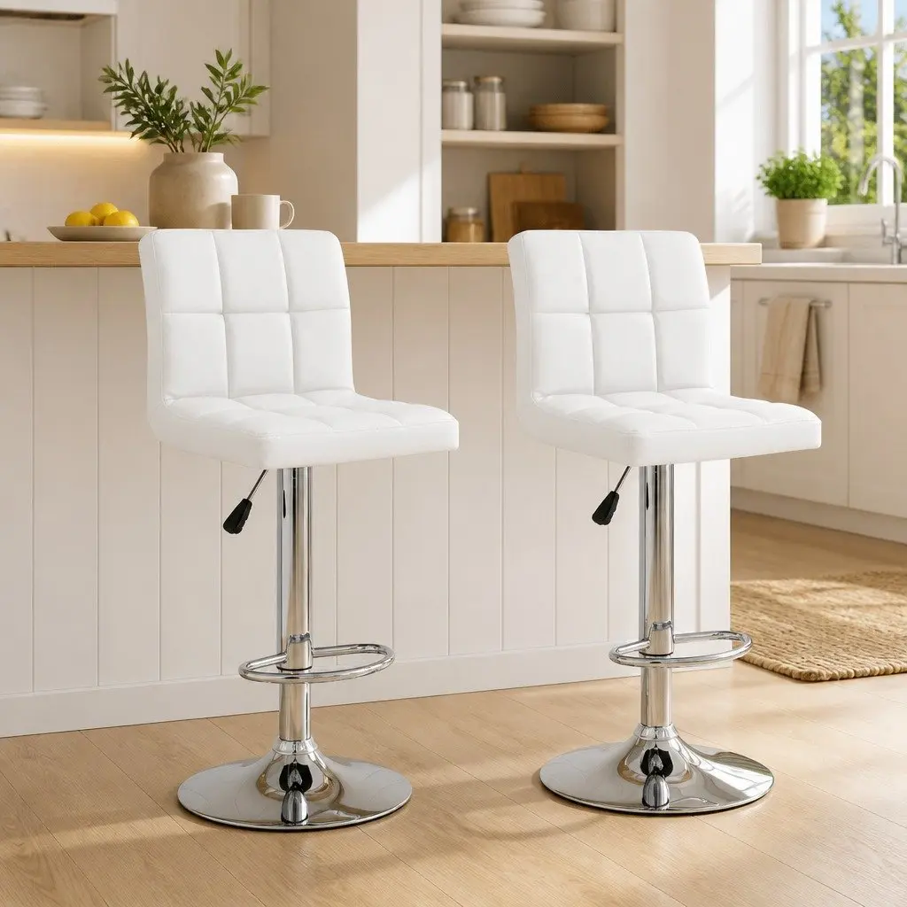 Bar Stools Home Office 2 Piece White Faux Leather Adjustable Height Gas Lift Chromed Steel