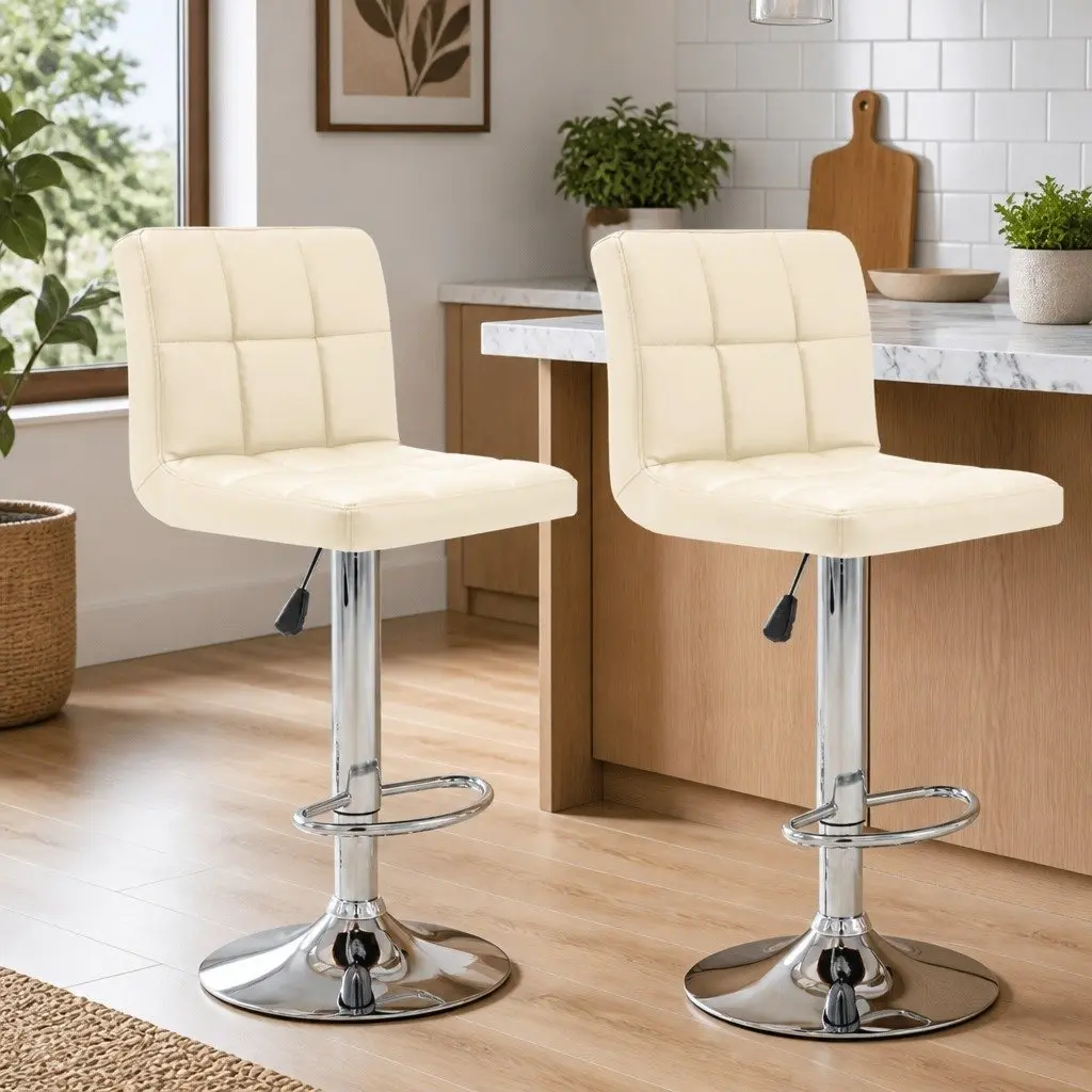 Bar Stools for Home Office Café Cream Faux Leather Adjustable Height 2 Piece