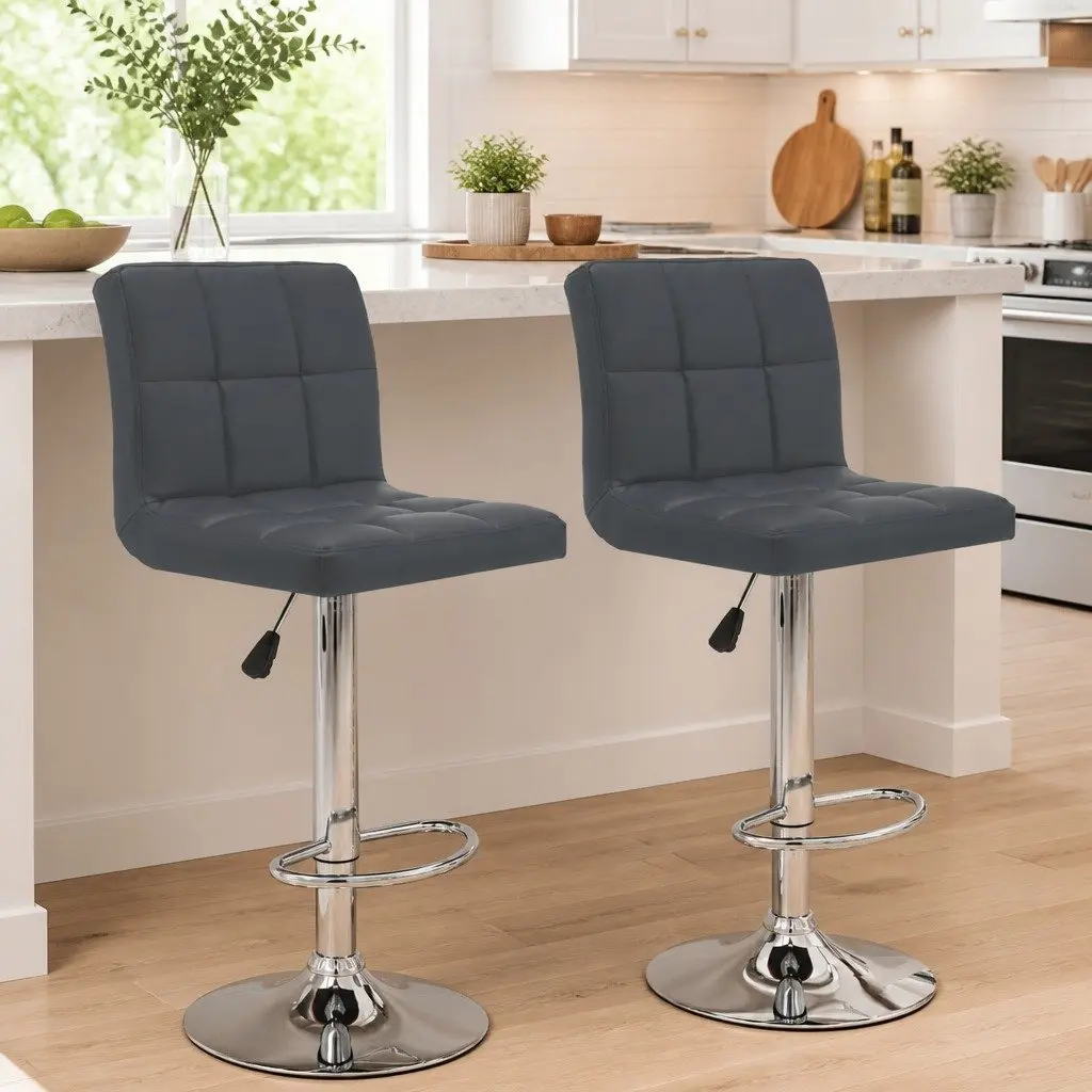 Bar Stools Grey Set 2 pc Modern Chair Footrest Gas Lift Adjustable Height