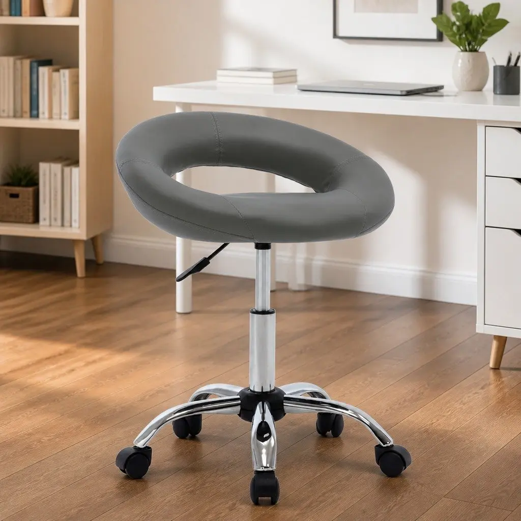 Rolling Office Chair for Office Grey Faux Leather Padded Backrest Adjustable Height