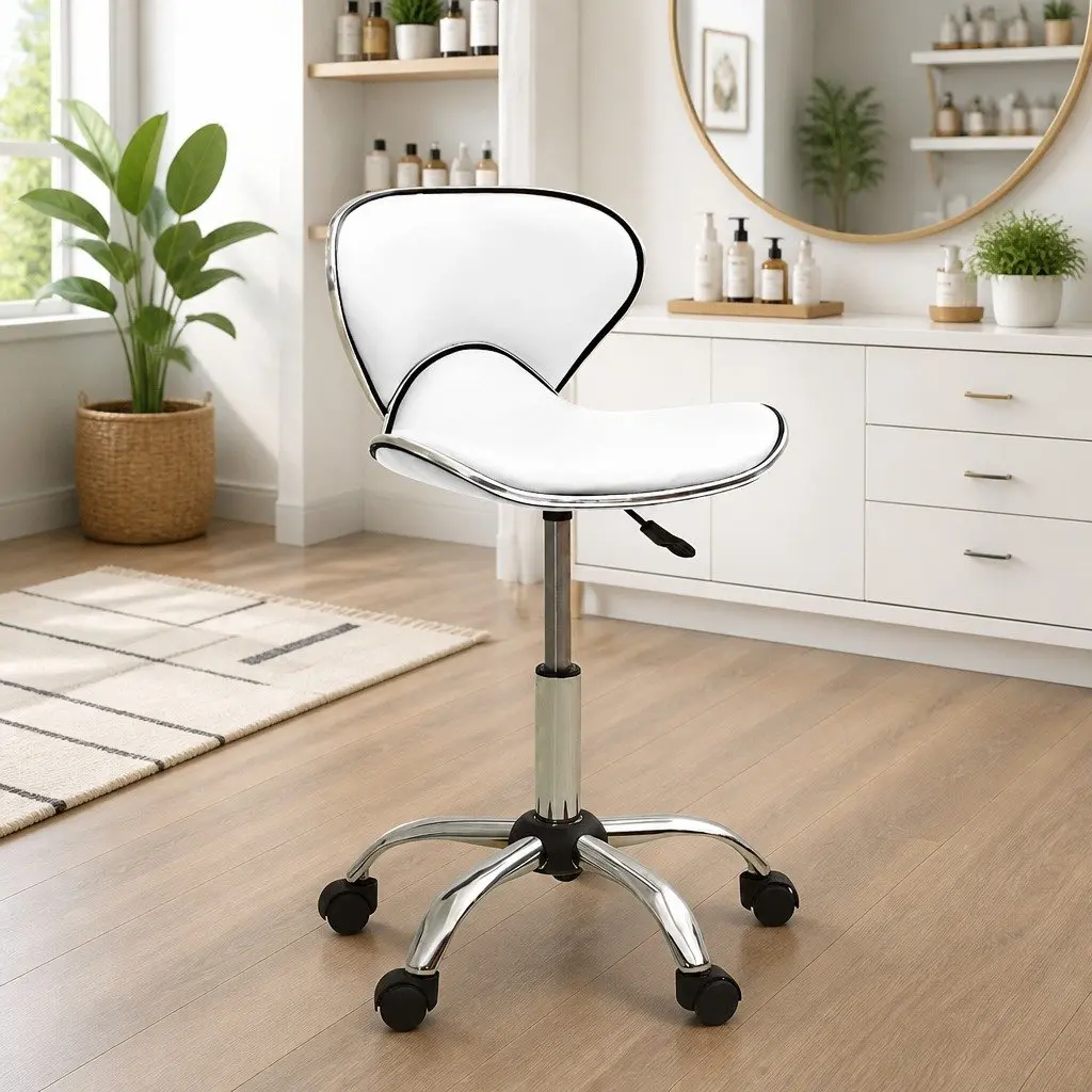 Salon Spa Stool White Faux Leather Height Adjustable Swivel Chair Beauty Salon