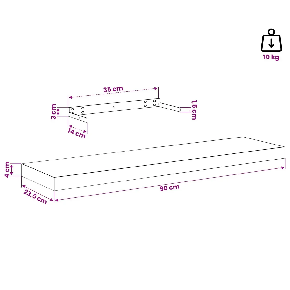 Floating Wall Shelf White Display Ledge Storage Rack Home Decor 90 x 23.5 x 3.8 cm