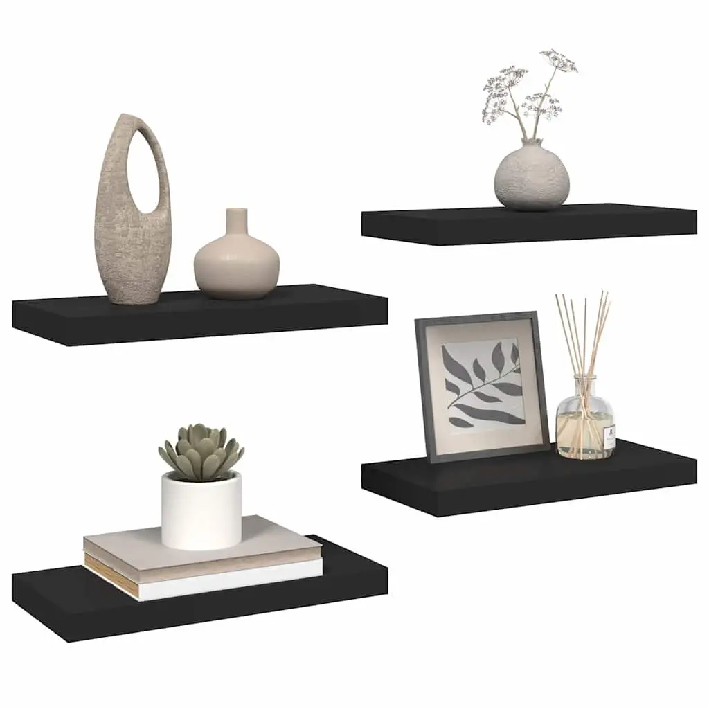 Black Floating Wall Shelves Set 4 Piece Modern Shelving for Home Use 50x23.5x3.8cm Honeycomb MDF with Metal Frame