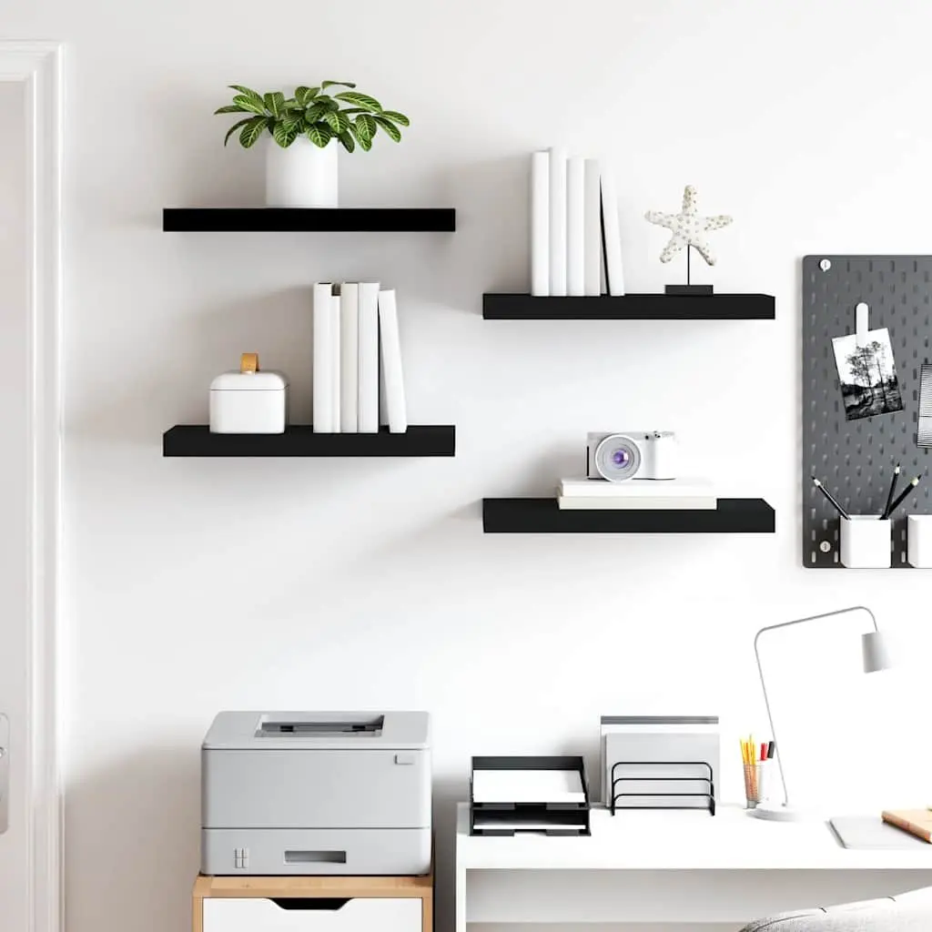 Black Floating Wall Shelves Set 4 Piece Modern Shelving for Home Use 50x23.5x3.8cm Honeycomb MDF with Metal Frame