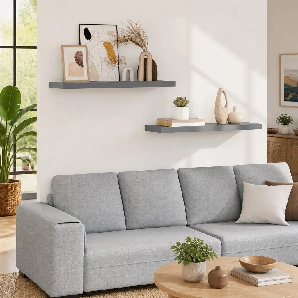 Floating Wall Shelves for Home Decor 2 Piece Grey Display Ledge Storage Organizer