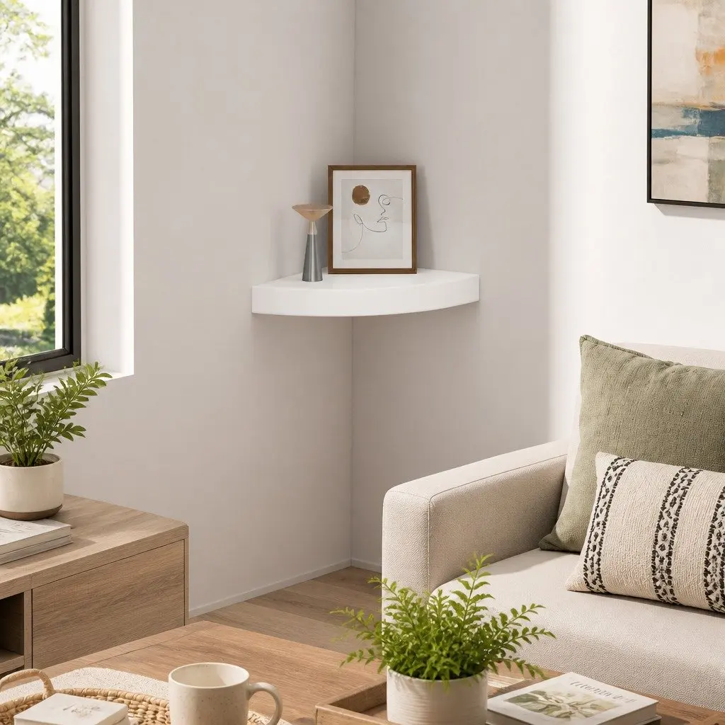 Floating Corner Wall Shelf for Home Decor 25 x 25 x 3.8 cm High Gloss White