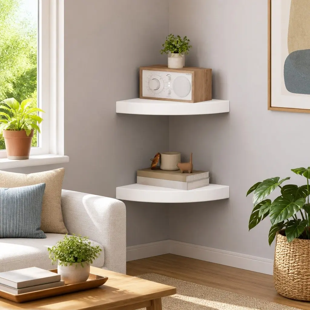 Floating Corner Wall Shelves for Home 25 x 25 x 3.8 cm 2 Piece White Display Ledge Storage Organiser