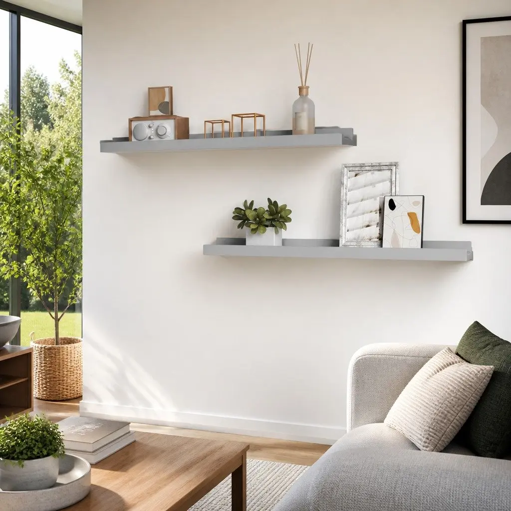 Grey Wall-Mounted Picture Frame Ledge Shelves, 60 x 9 x 3 cm
