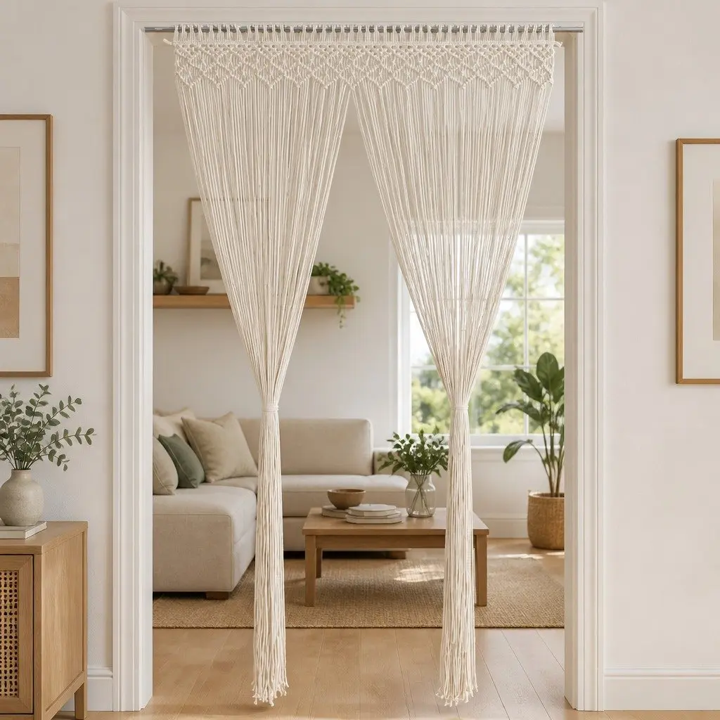 Macrame String Curtain 140x240 cm Cotton Cream Door Window Room Divider Decor