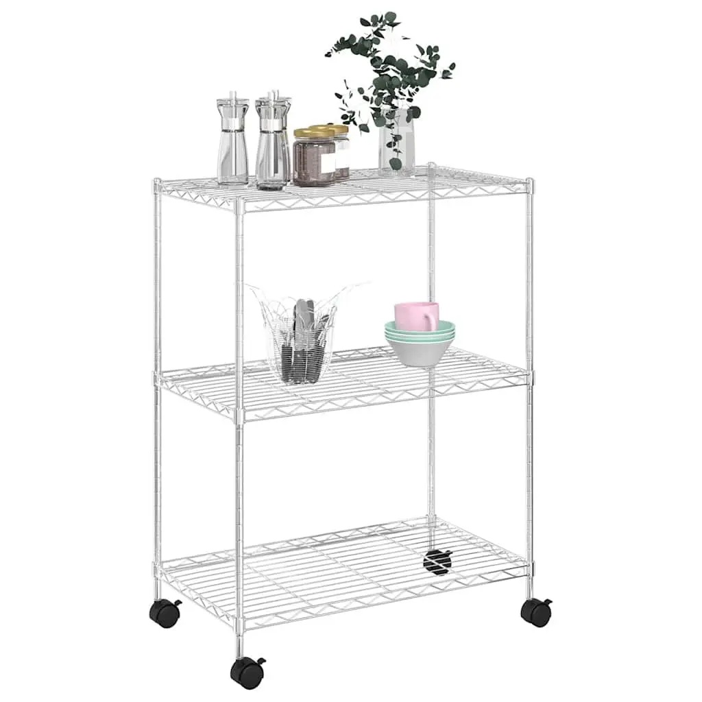 3-Tier Wire Storage Rack with Wheels Industrial Shelving Unit Chrome 60x35x81cm