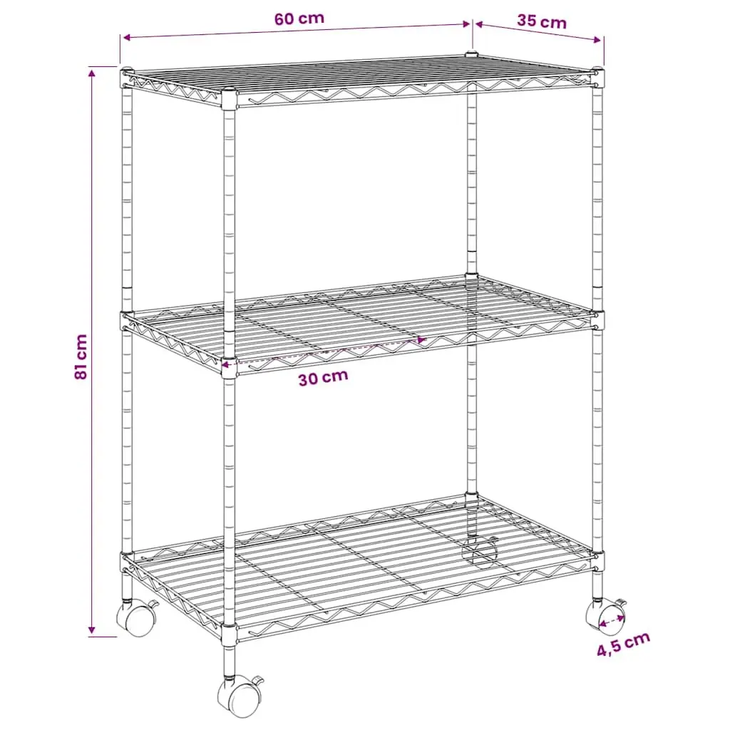 3-Tier Wire Storage Rack with Wheels Industrial Shelving Unit Chrome 60x35x81cm