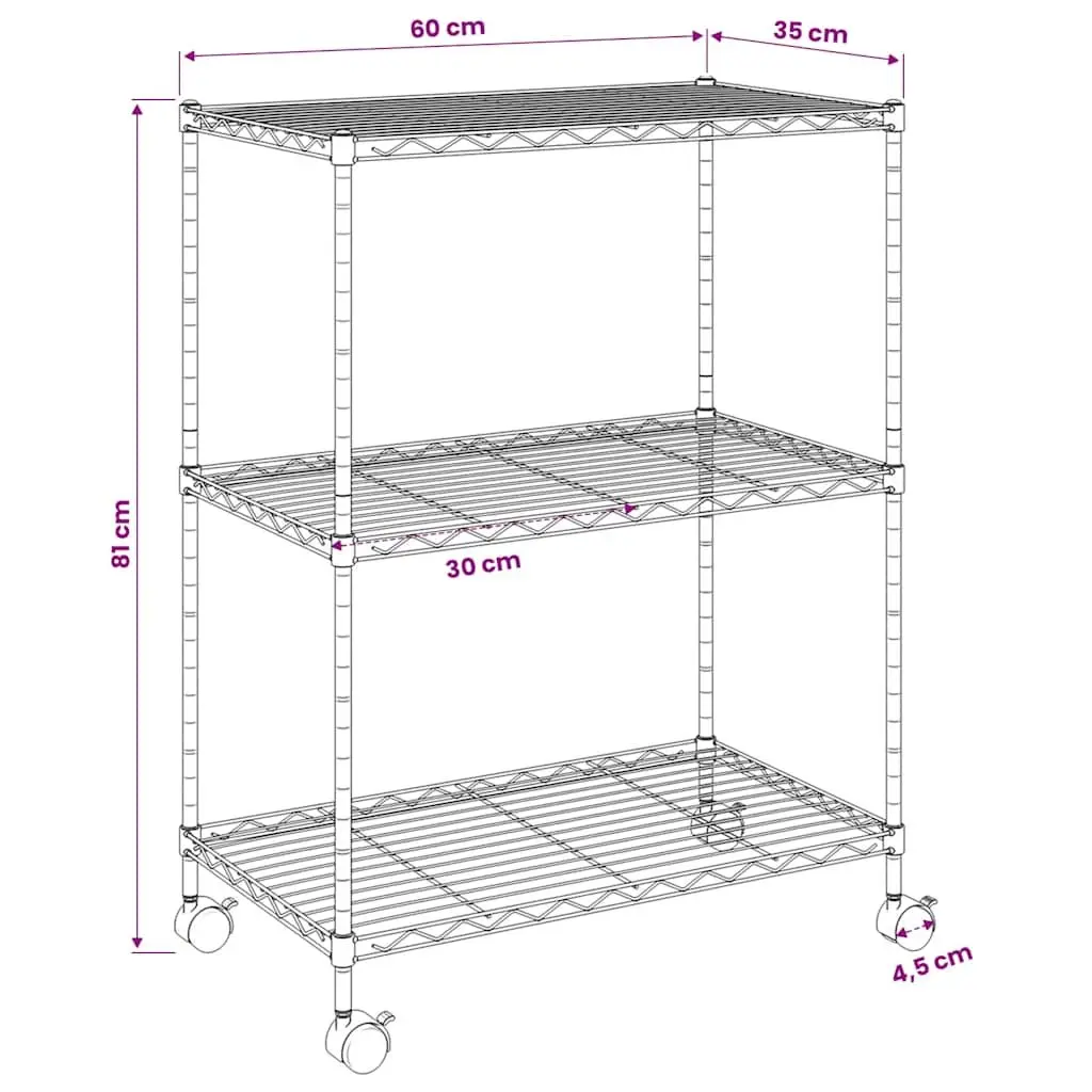 3-Tier Storage Rack for Kitchen Laundry Room 60x35x81cm Black Shelving Unit