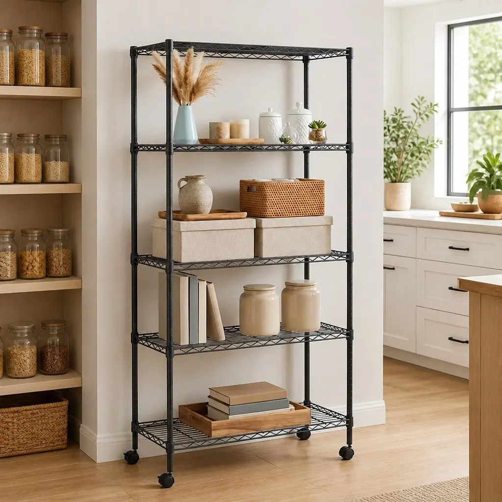 5-Tier Storage Shelf with Wheels 75x35x155cm Black Industrial Garage Workshop