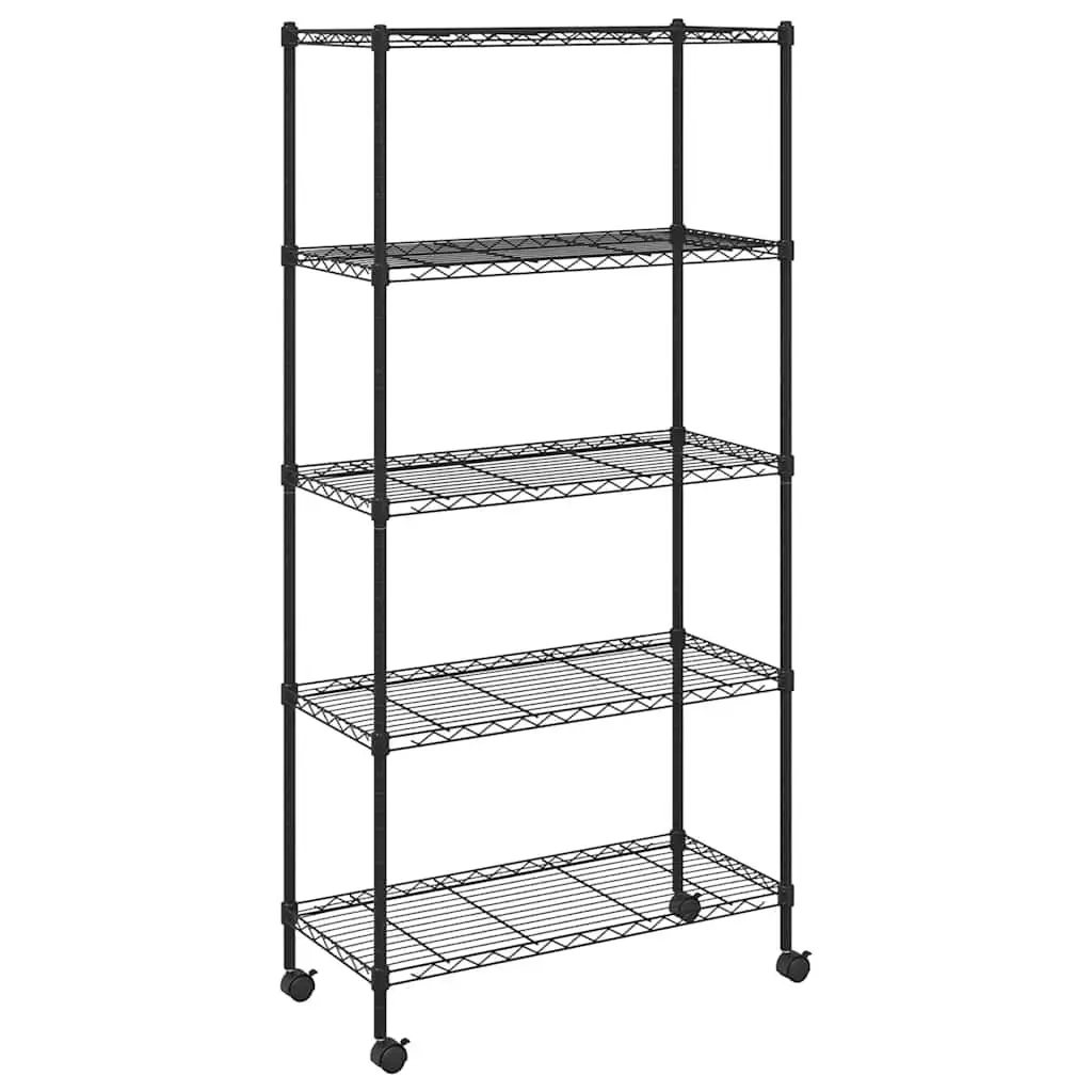 5-Tier Storage Shelf with Wheels 75x35x155cm Black Industrial Garage Workshop