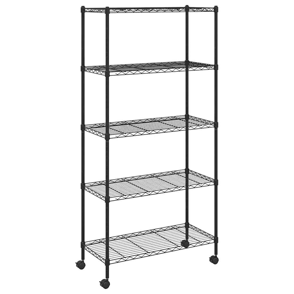 5-Tier Storage Shelf with Wheels 75x35x155cm Black Industrial Garage Workshop