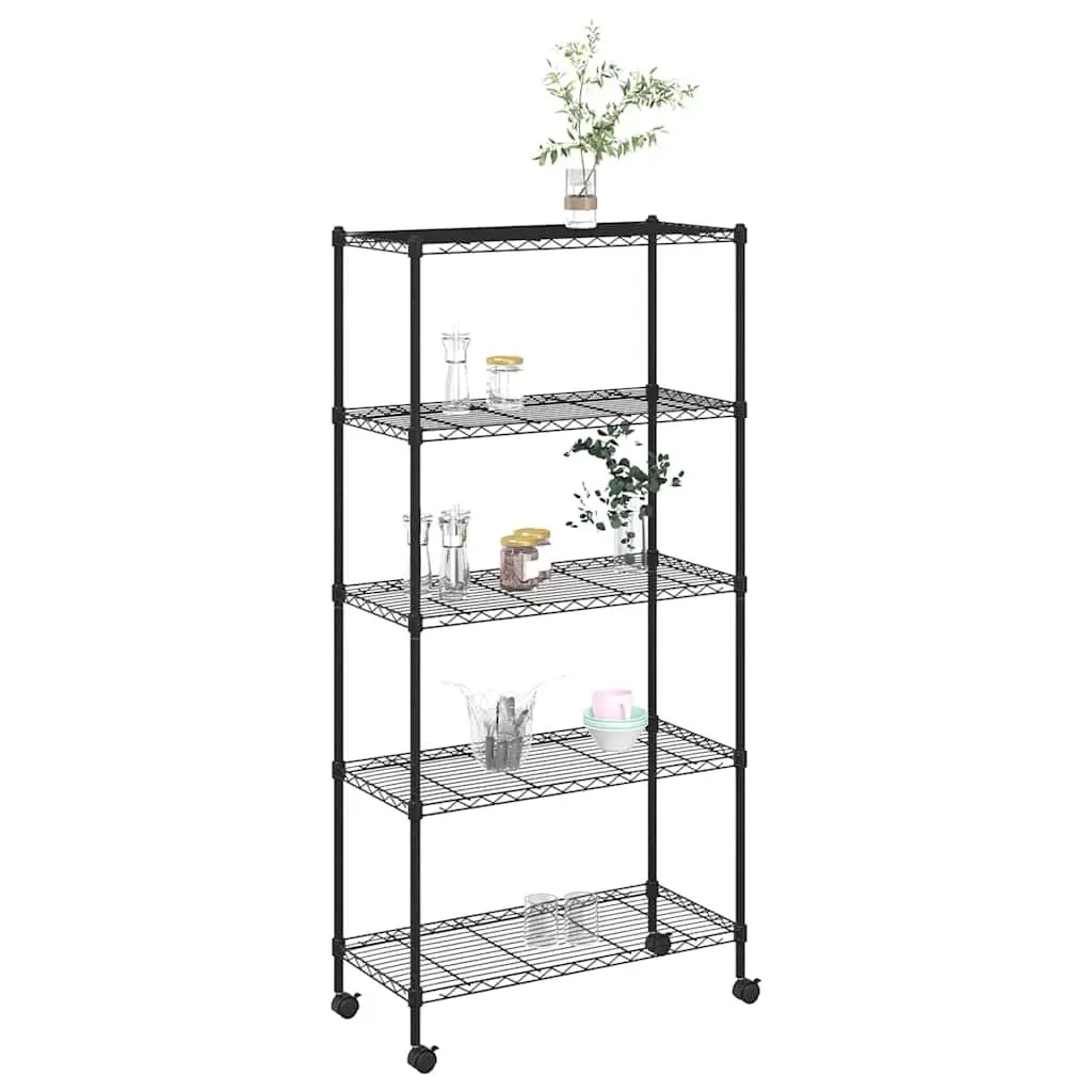 5-Tier Storage Shelf with Wheels 75x35x155cm Black Industrial Garage Workshop