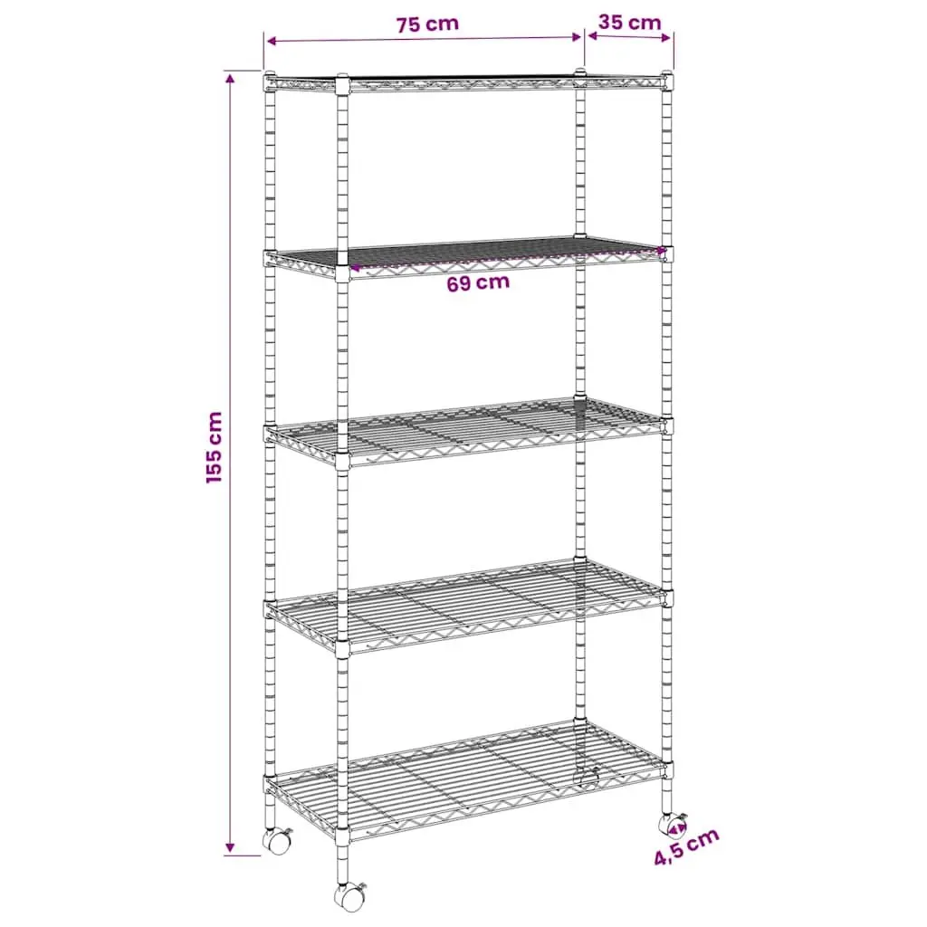 5-Tier Storage Shelf with Wheels 75x35x155cm Black Industrial Garage Workshop