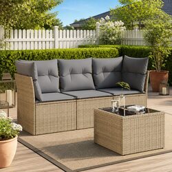 Garden Sofa Set 4 Piece Outdoor Furniture Beige Poly Rattan Patio with Cushions
