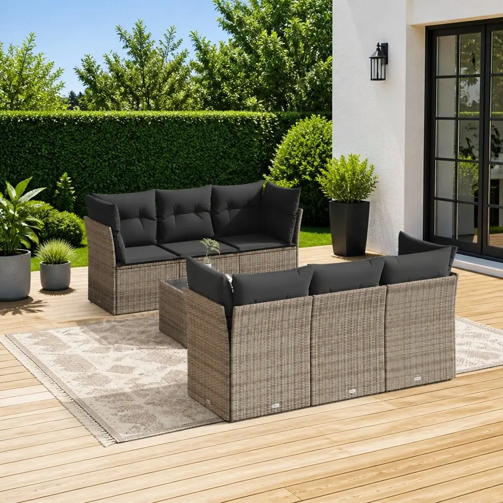 7 Piece Garden Sofa Set Grey Outdoor Furniture Patio Lounge Rattan
