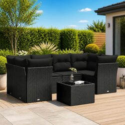 7 Piece Garden Sofa Set Outdoor Patio Furniture with Cushions Black Poly Rattan