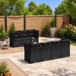 8 Piece Modular Black Rattan Garden Sofa Set with Glass Table
