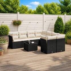 9 Piece Garden Sofa Set: Black PE Rattan & Glass