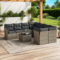 9-Piece Garden Sofa Set with Grey Cushions and Glass Tabletop