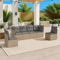 6-Piece Beige Poly Rattan Garden Sofa Set with Storage