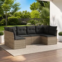Grey Poly Rattan Garden Sofa Set - 6 Pieces with Cushions