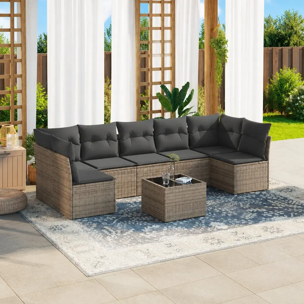 Garden Sofa Set 8 Piece Outdoor Furniture Grey Poly Rattan with Storage Cushions