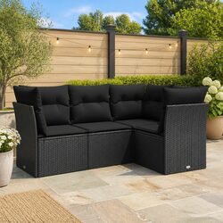 Garden Sofa Set 4 Piece Outdoor Furniture Black Poly Rattan Patio Seating with