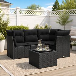 5-Piece Garden Sofa Set: Black PE Rattan and Glass