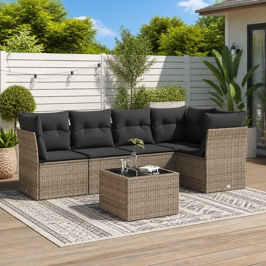 Garden Sofa Set 6 Piece Outdoor Furniture Grey Poly Rattan Patio Seating with