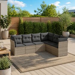 Garden Sofa Set: 6 Pieces, Grey PE Rattan, Modular Design