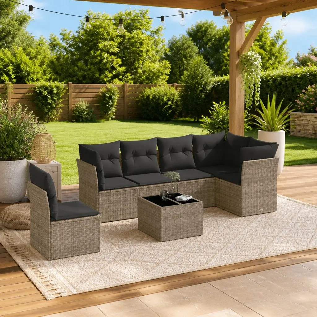 7 Piece Garden Sofa Set for Patio Grey Poly Rattan Outdoor Furniture