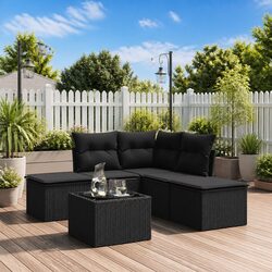 Garden Sofa Set 6 Piece Outdoor Furniture Black Poly Rattan Patio with Cushions
