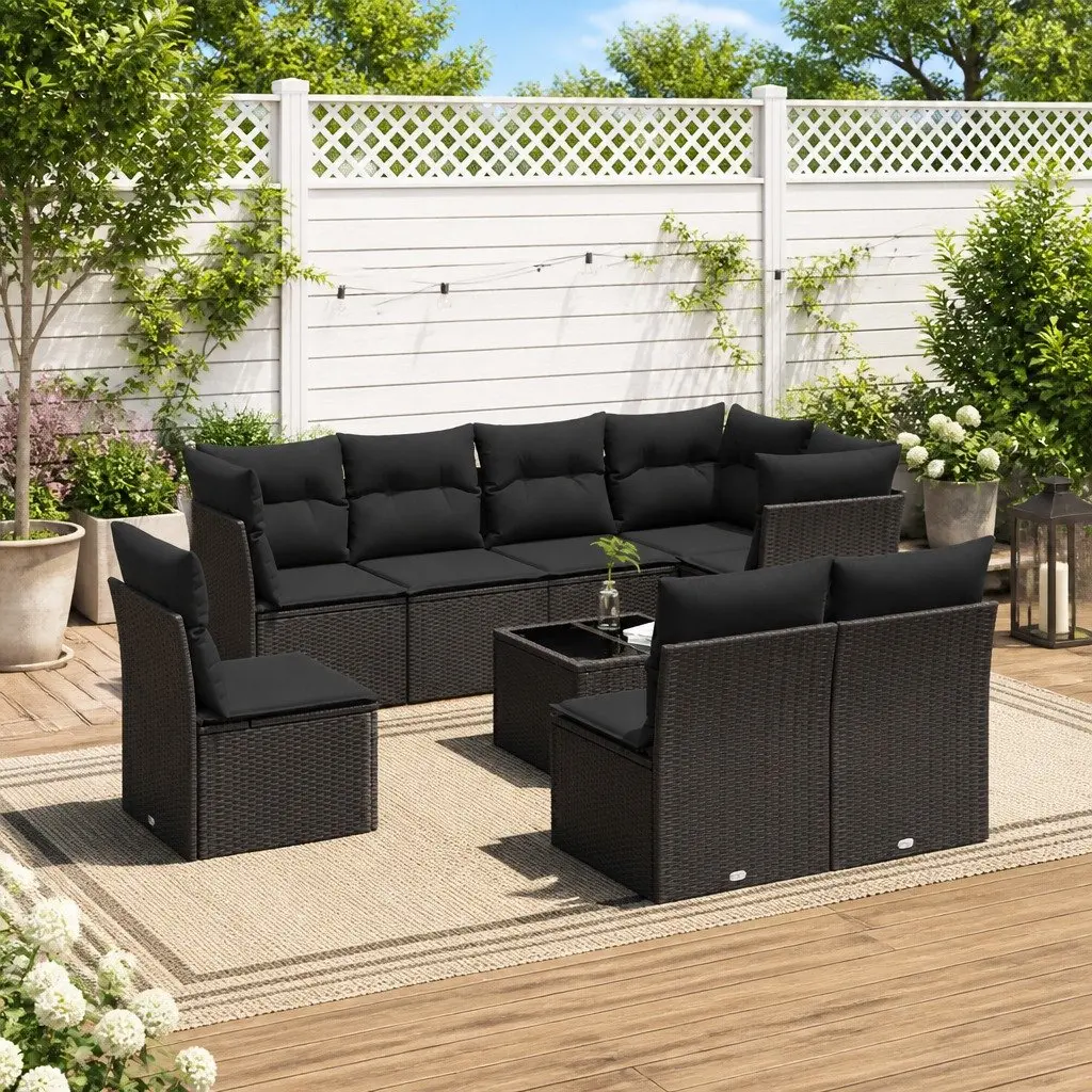 Garden Sofa Set Outdoor Furniture 9 Piece Black Poly Rattan Modular Patio Lounge