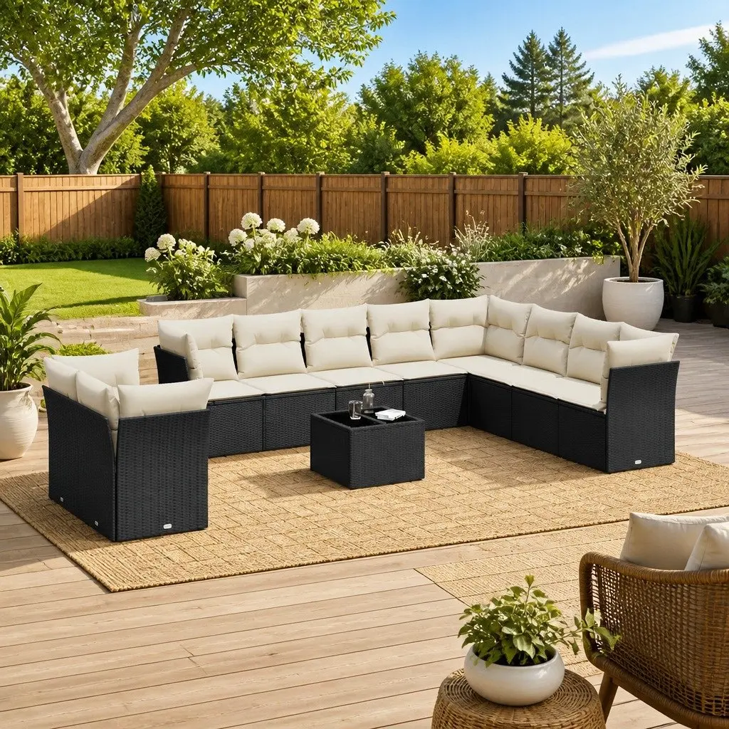 Garden Sofa Set 11 Piece Outdoor Furniture Black Poly Rattan Modular Patio