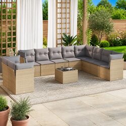Garden Sofa Set Specifications: 11 Pieces, Beige Poly Rattan